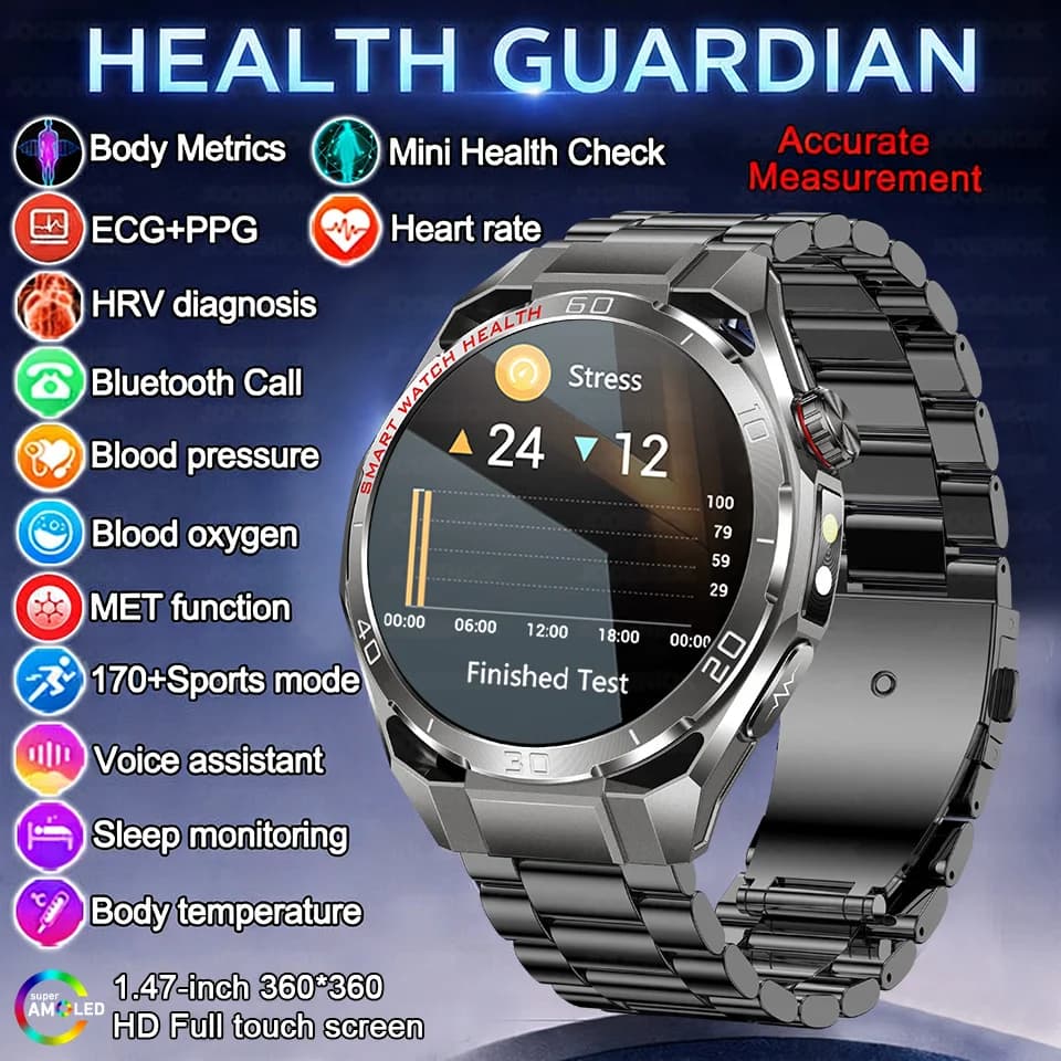 Smartwatch per Analisi Salute Acido Urico e Lipidi, ECG+PPG, Pressione Sanguigna, Chiamate BT, Display AMOLED da 1,47 Pollici, Torcia LED, per Uomo e Donna