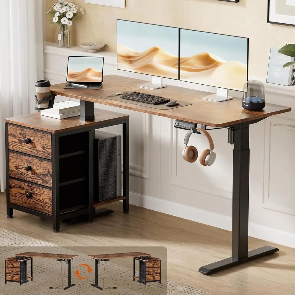 Scrivania Elettrica Regolabile in Altezza con Spazio di Archiviazione, Scrivania Sit-Stand 55x24, 3 Impostazioni Memorizzabili, Gestione Cavi, Marrone Rustico