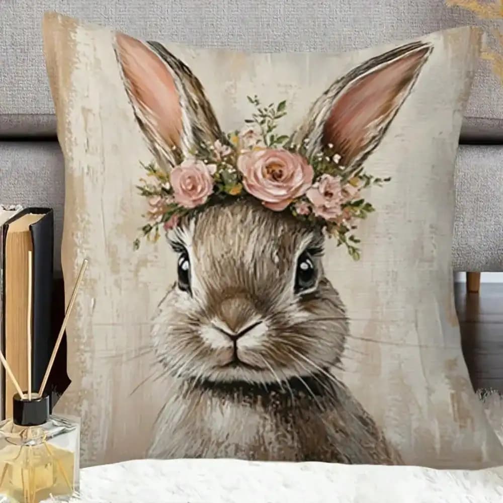 1pc Easter Bunny Pillow Cover- Floral Rabbit Cushion Case with Zipper Closure, Soft Polyester Decorative Throw Pillow Case for Easter Home Decor, Living Room, Bedroom, Office- Beige Background with Brown Bunny& Pink Roses- Machine Washable Spring