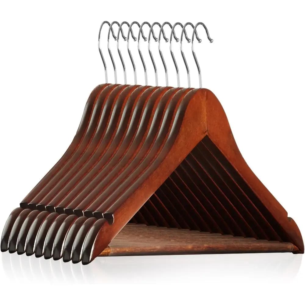 10 Walnut Wooden Suit Hangers - High-Quality Lotus Wood with Notches and Chrome Swivel Hooks for Clothes, Coats, Pants, Shirts,
