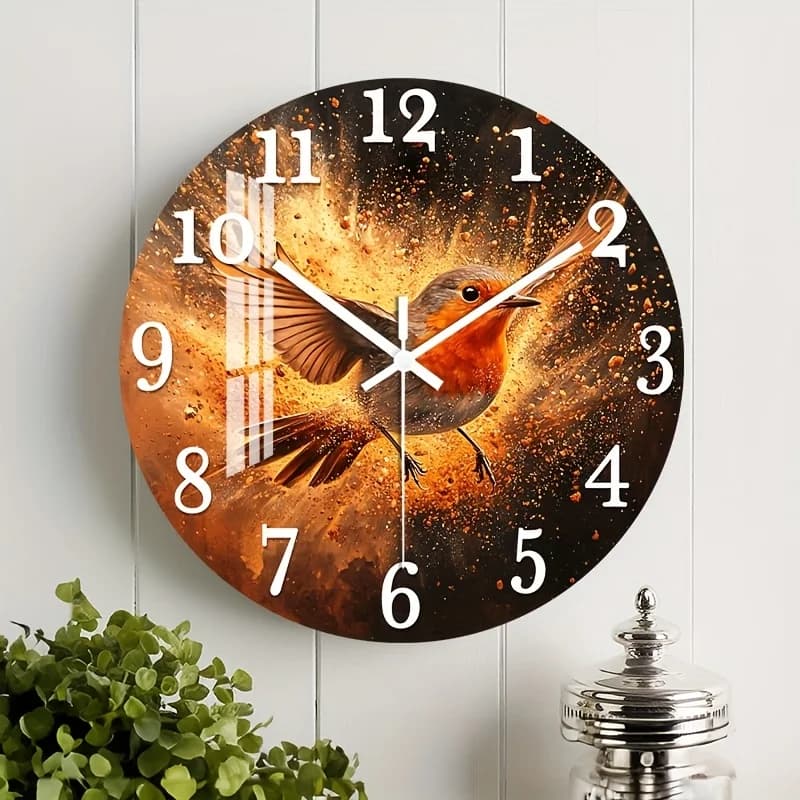 Orologio da parete in legno silenzioso e senza ticchettio - Grande design moderno rotondo con uccelli e fiamme (10"/12"/14"/16") - Lancette nere, finitura lucida