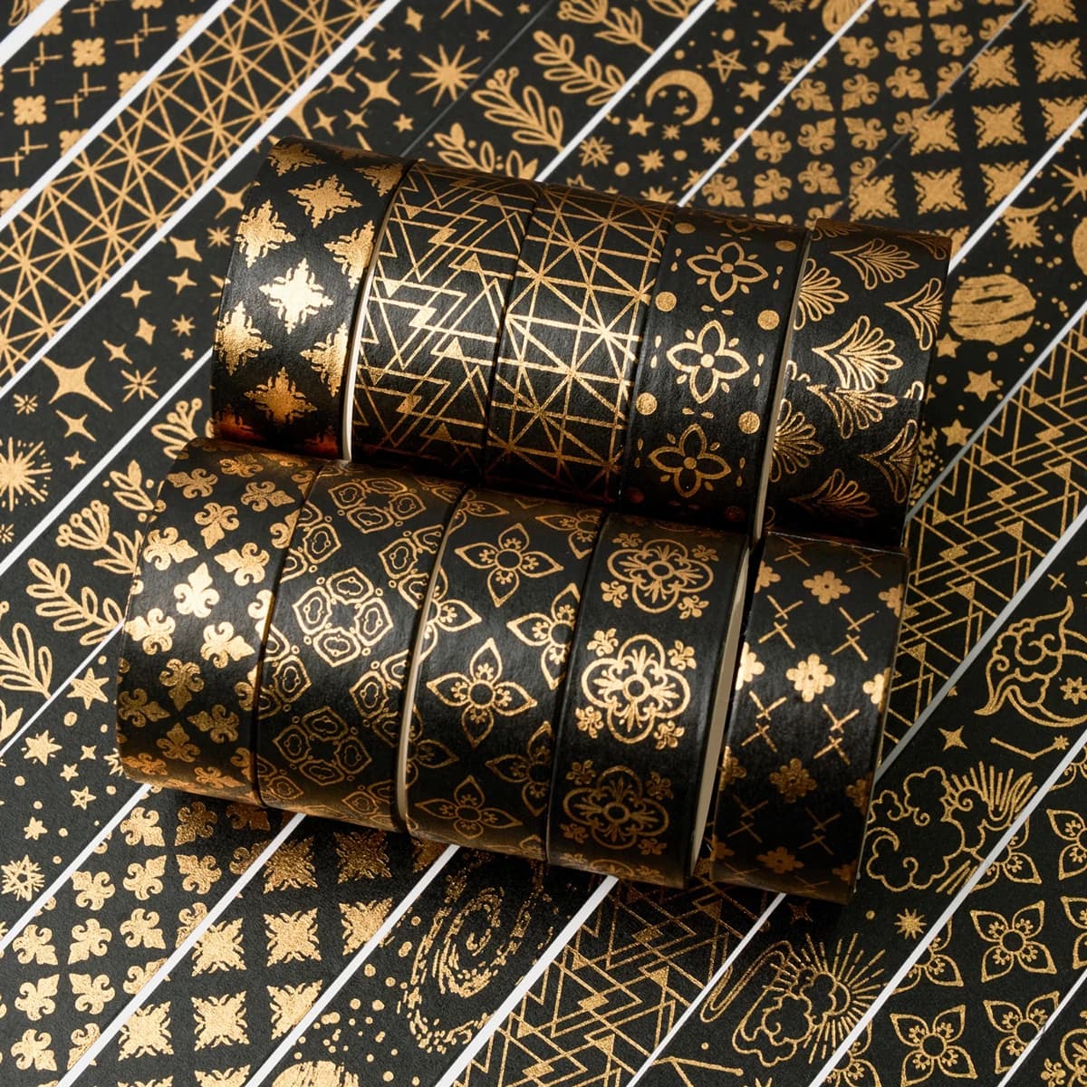 20 Rolls Black Gold Foil Decorative Washi Tape Set, Vintage Star Floral Geometric Tape for Scrapbooking Junk Journal DIY Crafts