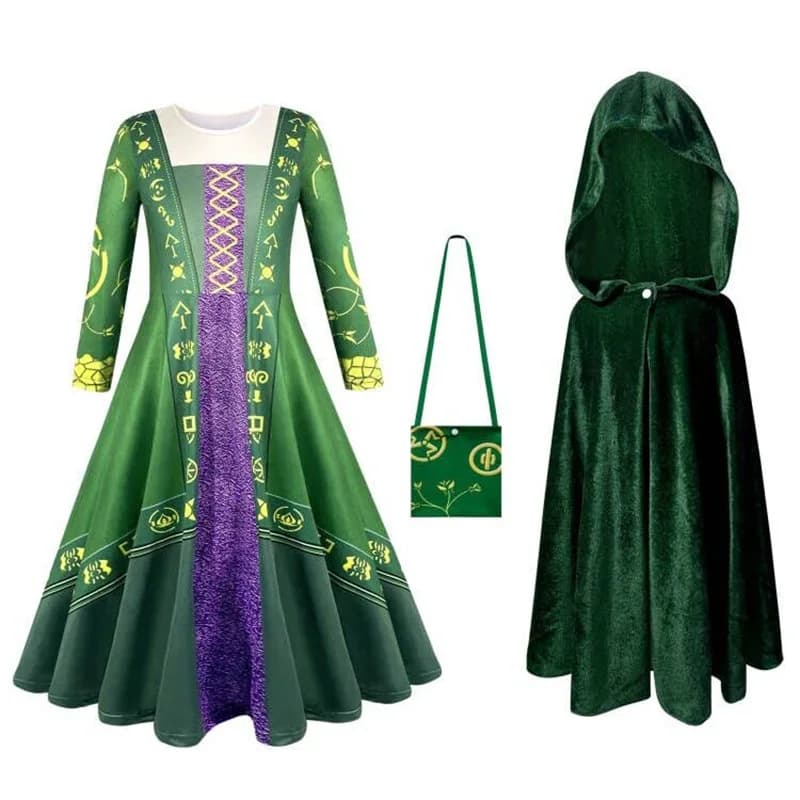 Abito da strega di Halloween e mantello + borsa 3-10 anni Costume cosplay per bambini Fantasia per ragazze Manica lunga Verde Abbigliamento natalizio