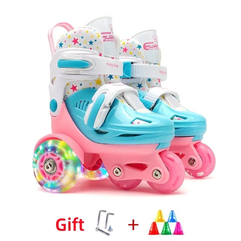 Flash Double Row Wheel Skates Shoes Ice Skates for Kids Wheel Skates for Beginners Adjustable Size Rollers for Kids