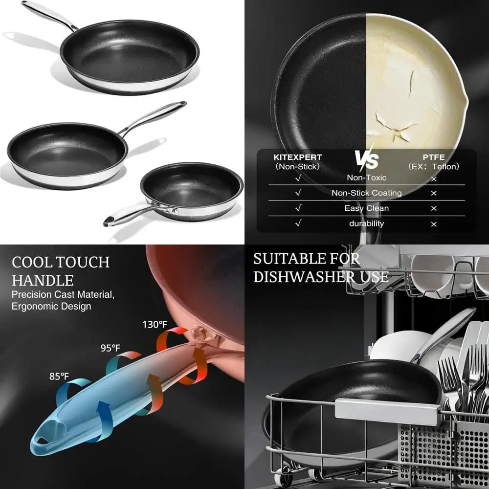 Set of 3-piece non-stick ceramic pans, 8, 10, 12, non-toxic, dishwasher safe, all cooking floors