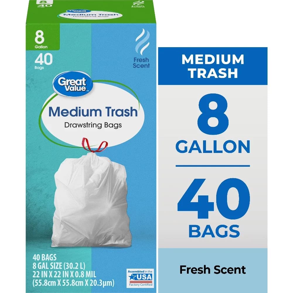 8 Gallon Drawstring Trash Bags Medium Size Fresh Scent 40 Count Roll for Kitchen Bathroom Office Home Use Strong Leak Proof Wastebasket Liners