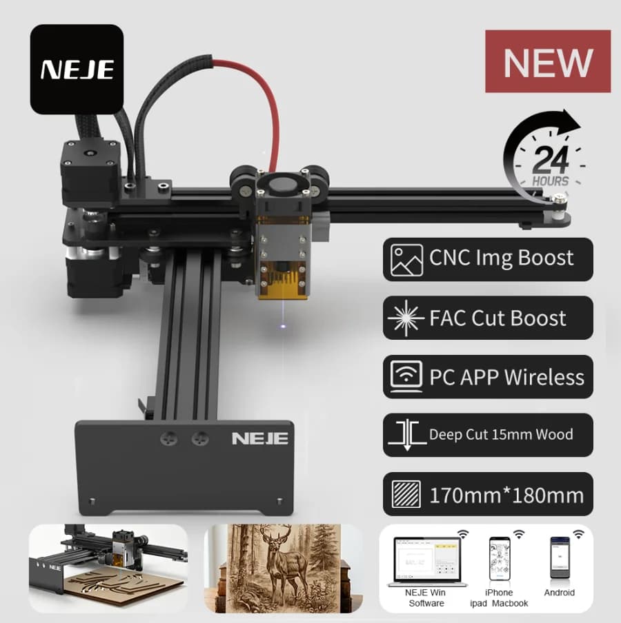 Macchina per incisione e taglio laser CNC da tavolo NEJE 5 A40630, incisione profonda fino a 15 mm, controllo tramite app, per legno, metallo, pelle, strumenti fai-da-te.