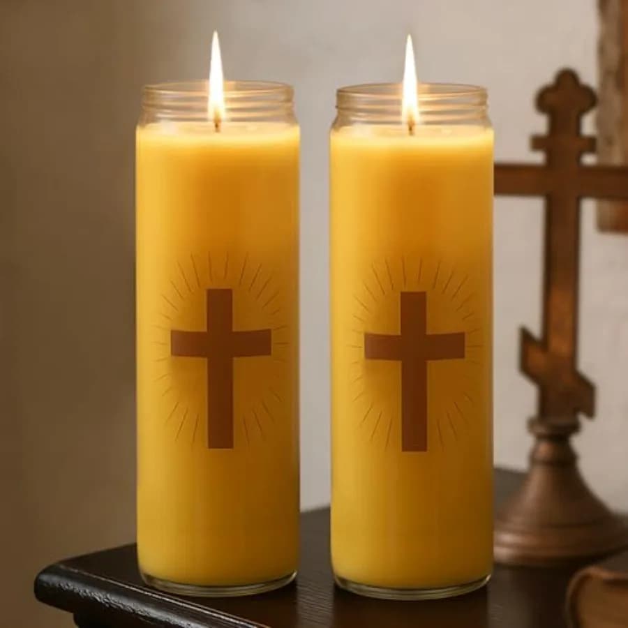 Candele Cattoliche in Cera d'Api, Candele di Preghiera per 7 Giorni in Vetro con 00 Ore di Durata, Fragranza al Miele, Candela Devozionale Religiosa