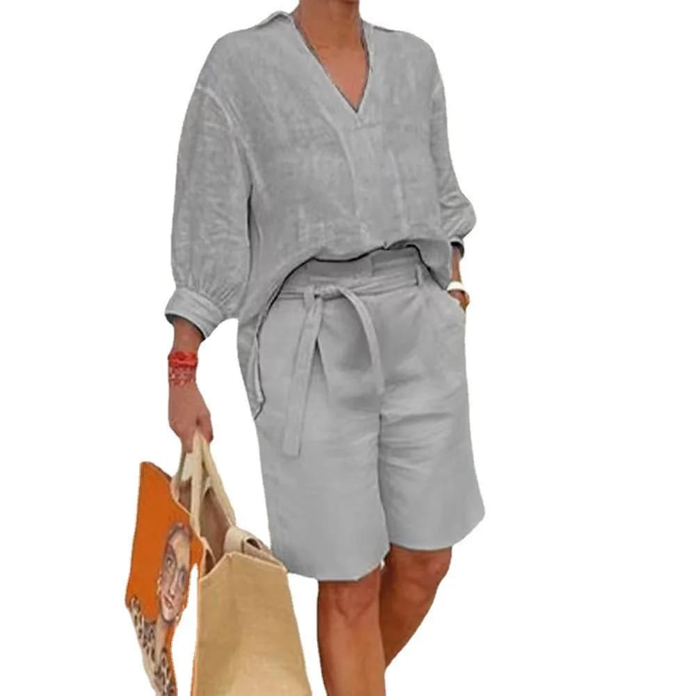 Cotton And Linen Suit New Summer Retro Women's V-neck Shirt Fashion Casual Pocket Belt Suit Women's Loose Two-piece Set