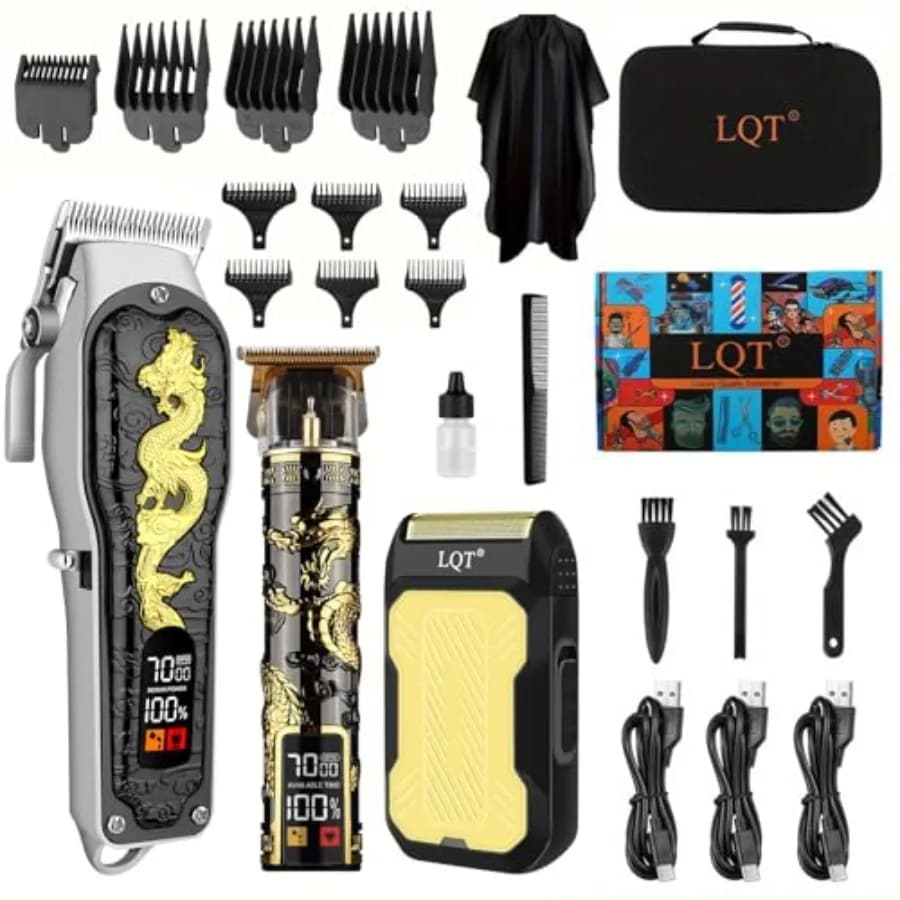 Set Professionale per Taglio Capelli da Uomo 3 Pezzi Senza Fili con Display LED, Regolabarba, Rasoio, Tosatrice - Regalo per Lui