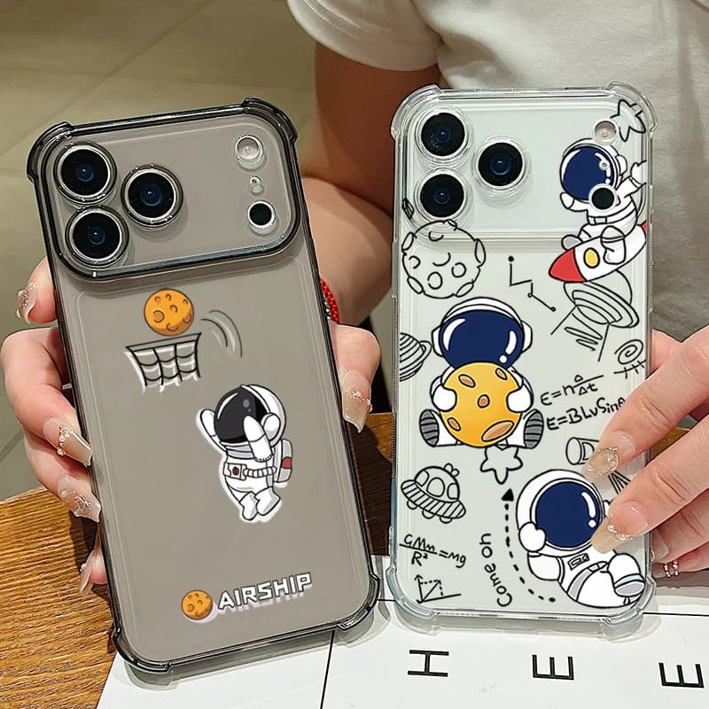 Custodia per telefono tascabile con slot per schede per iPhone Air 17 16e 16 15 Pro Max 14 13 Pro 12 11 Custodia in TPU trasparente antiurto per astronauta carino