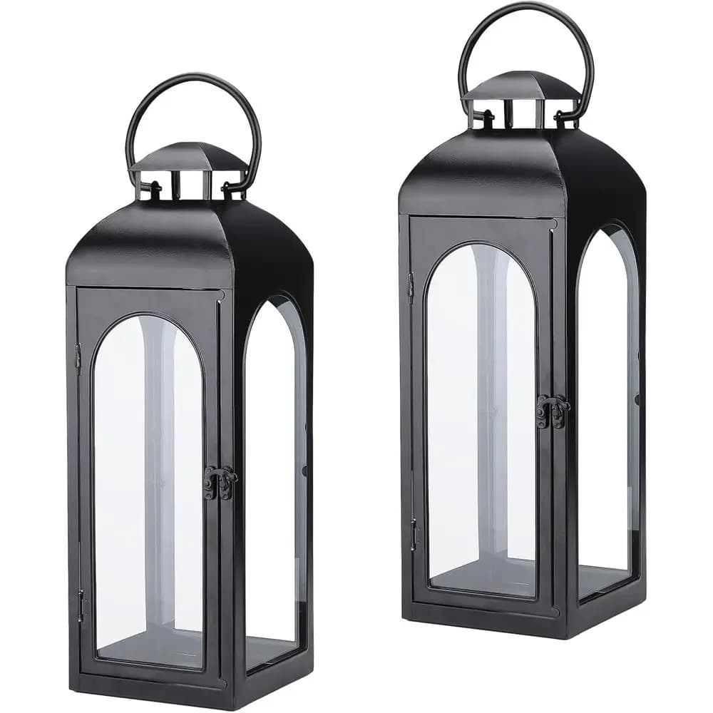 Eleganti 16 Lanterne in Metallo Nero con Vetro Temperato per Decorazioni Interne ed Esterne