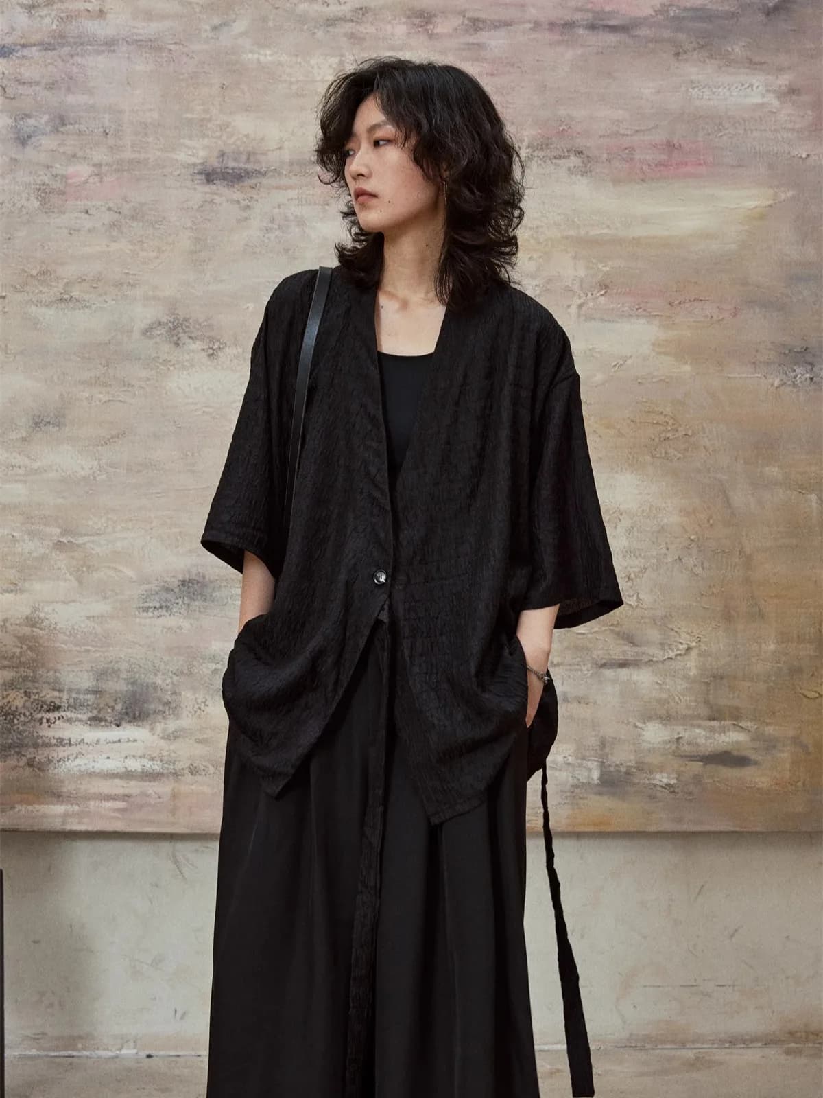 SUNYVONNE Chinese Style V-Neck Short Sleeve Shirt Loose Texture Zen Top with Belt New Small Audience Design Commute Style Pol...