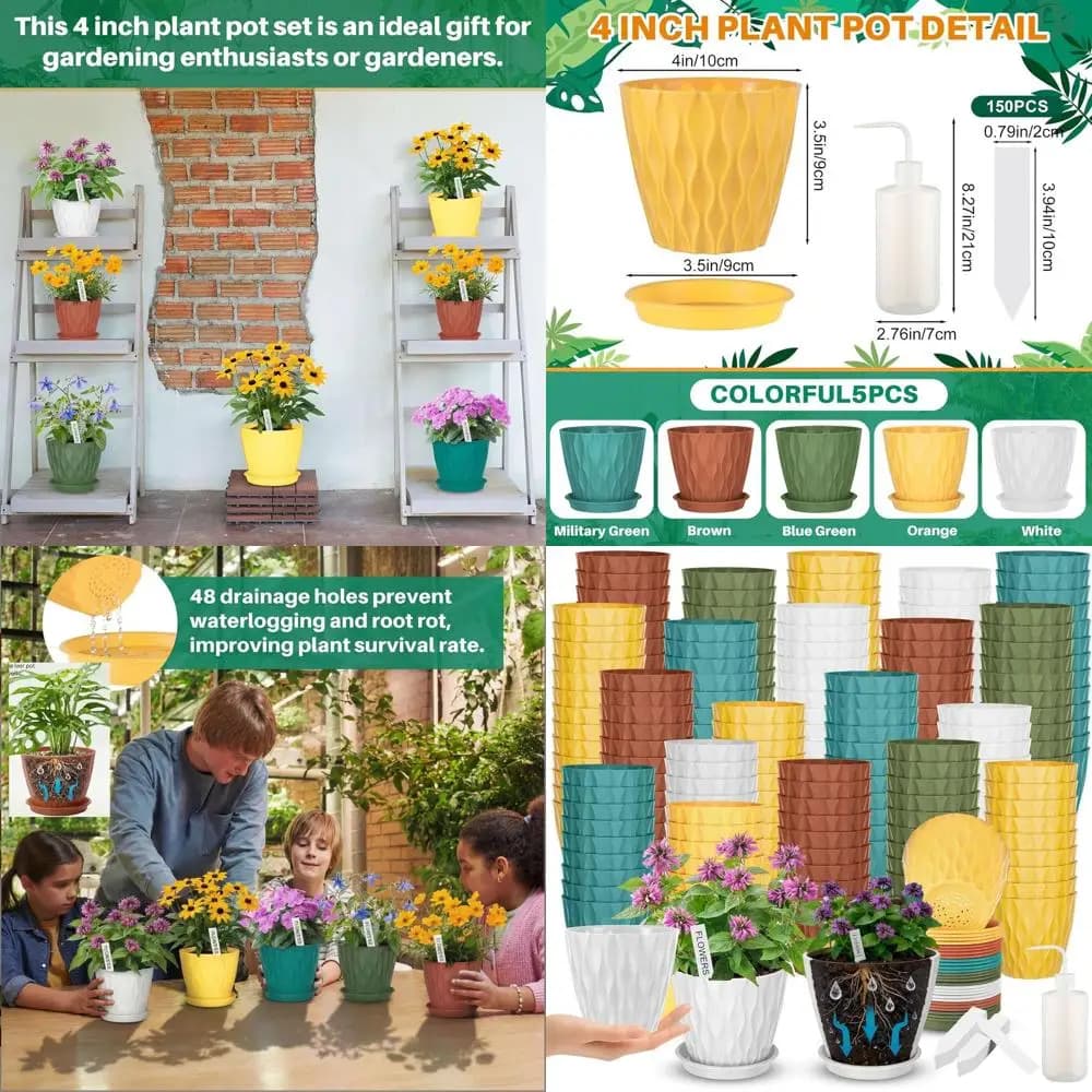 Vasi per Piante da 4 Pollici con Fori di Drenaggio e Sottovasi per Piccole Piante, Succulente e Semenzai - Plastica Colorata Testurizzata