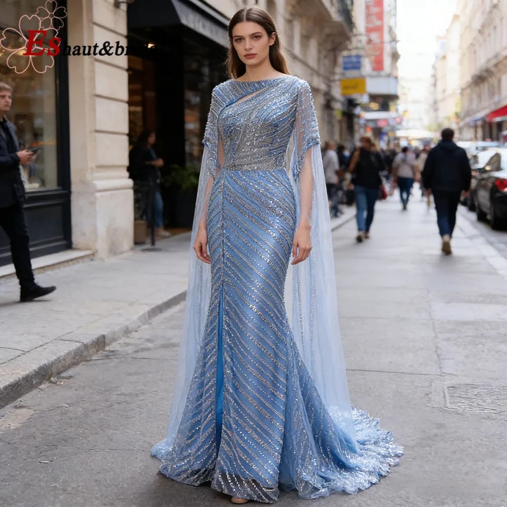 Elegante Abito da Sera a Sirena Dubai per Donna 2026 con Maniche Lunghe a Mantella, Spacco e Perline, Abito Formale da Ballo di Fine Anno o Cerimonia Nuziale Personalizzabile