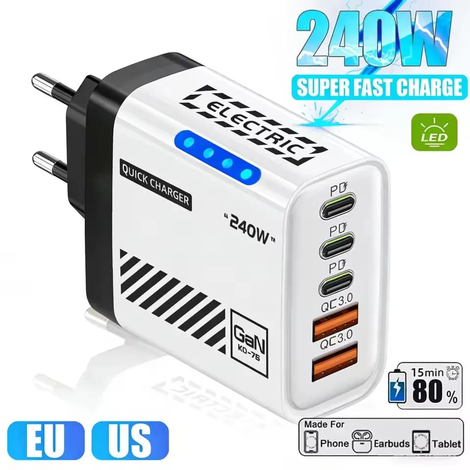 240W Charger 5-in-1 GaN Phone Charger Quick Charging Charger For Phone Xiaomi EU/US/UK Plug LED Light Wall Adapter Charger