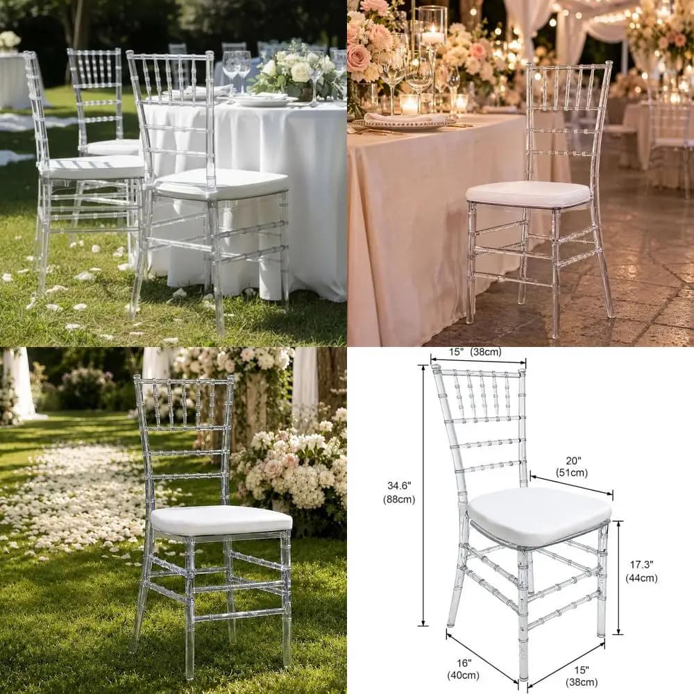 Set of 3 Clear Acrylic Chiavari Chairs with Cushions, Fully Assembled Transparent Crystal Dining Chairs for Accent and Wedding E