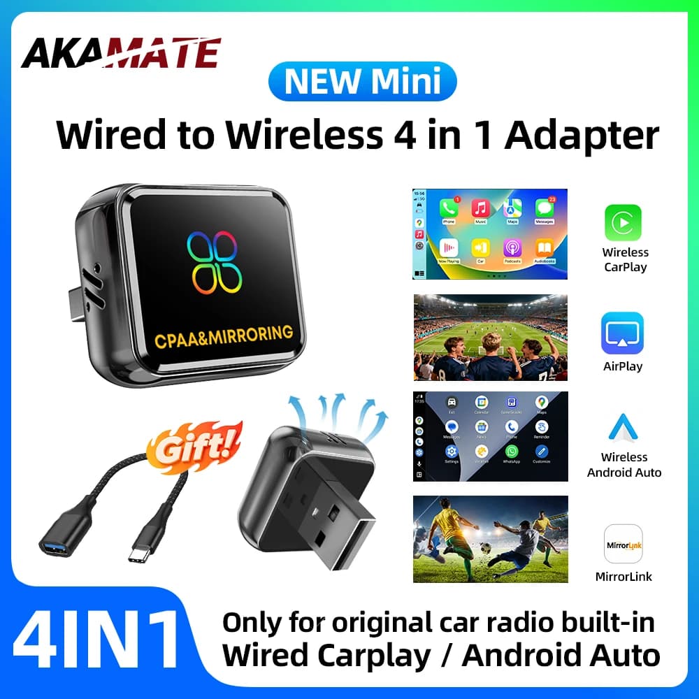 4in1 Adapter Wireles CarPlay Android Auto for iPhone Airplay Android Phone Mirrolink Bluetooth Wired to Wireless Adapter