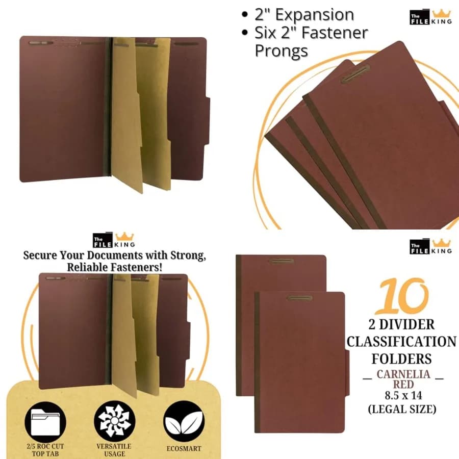 Cartella Classificatrice in Pressboard Formato Legale con Due Divisori - Prodotta in America, Confezione da 10, con Linguetta Superiore, Espansione 2 Pollici, Resistente