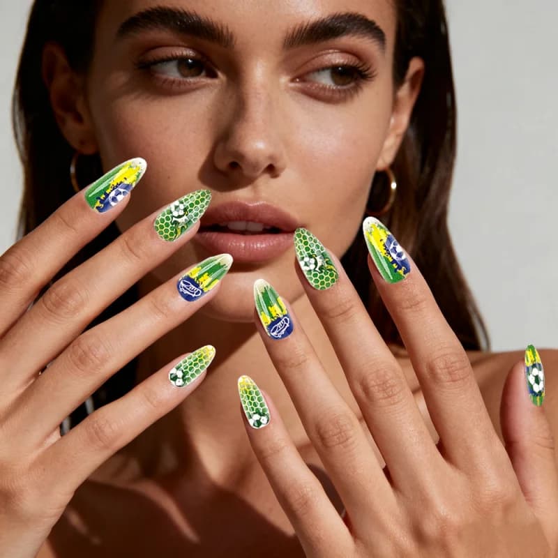 Brazil Press On Nails Green Yellow Football Fan Party Fake Nails Waterproof Easy Apply Remove