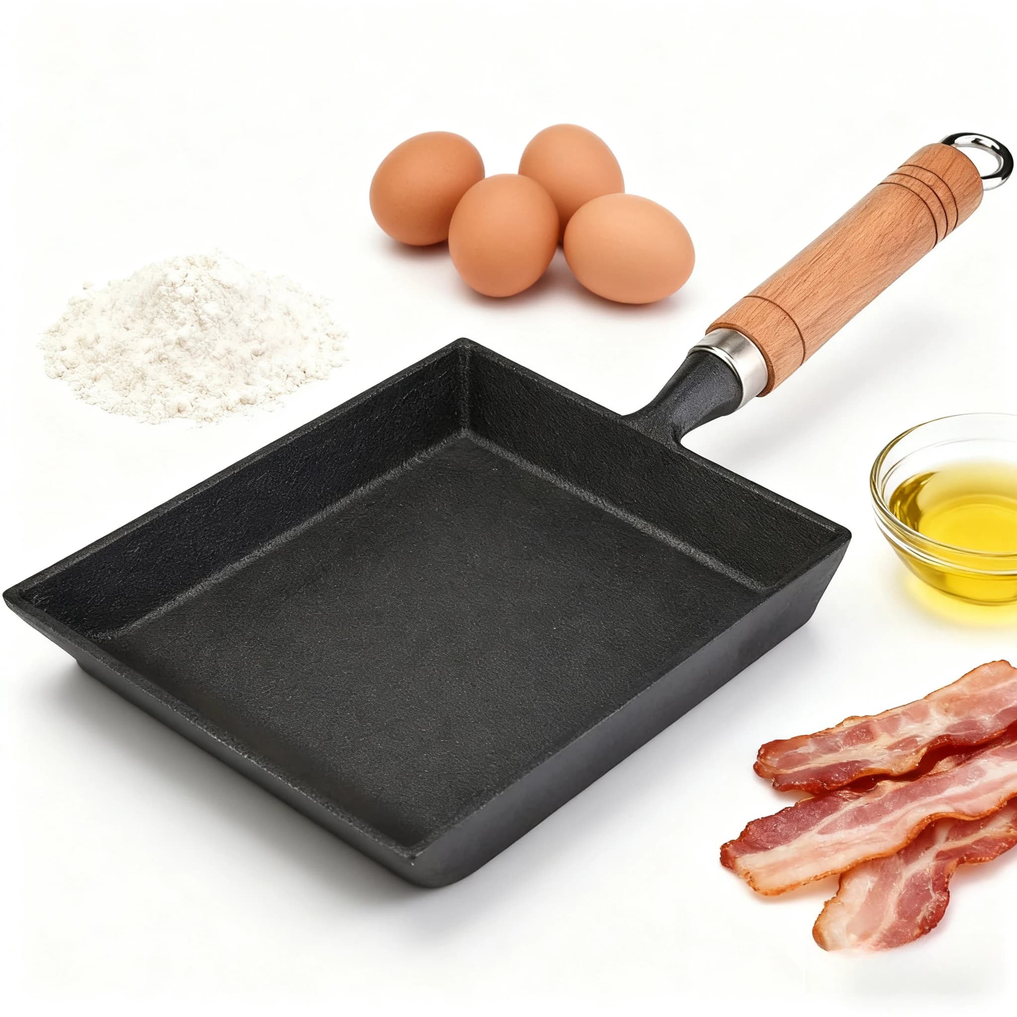 Non-stick cast iron square pan for frying eggs, pancakes, reusable, easy to clean, home cooking utensils