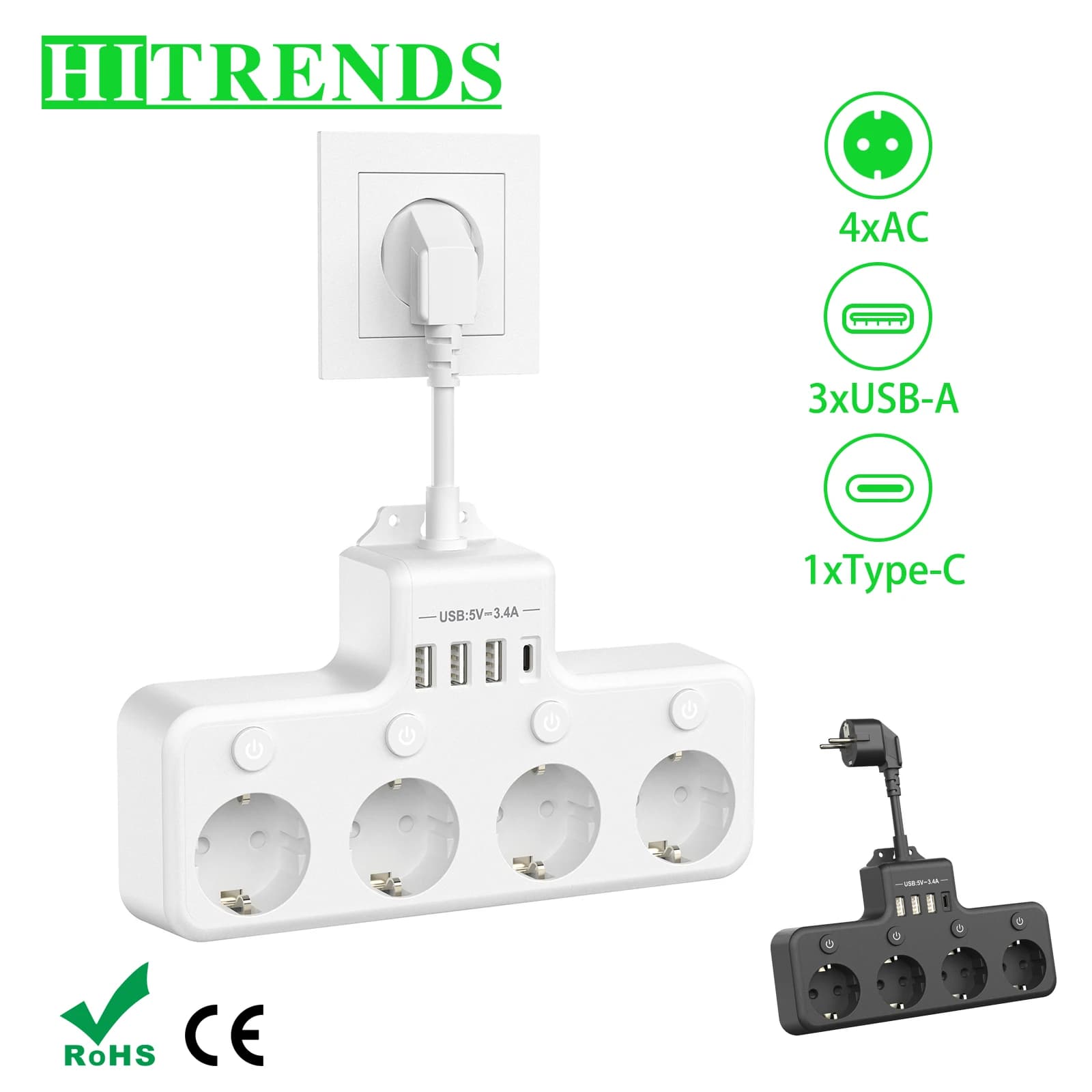 Presa multipla per ciabatta con spina europea con interruttore individuale 4 prese ca 4 USB, prese Multiple presa a muro USB protezione contro le sovratensioni