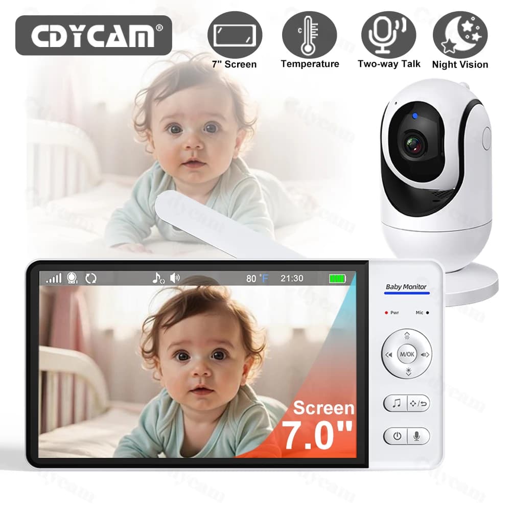 Monitor Video per Bambini con Schermo da 7 Pollici, Visione Notturna, Senza WiFi, Zoom 4X, Monitoraggio della Temperatura, Audio Bidirezionale, Telecamera di Sicurezza per Bambini