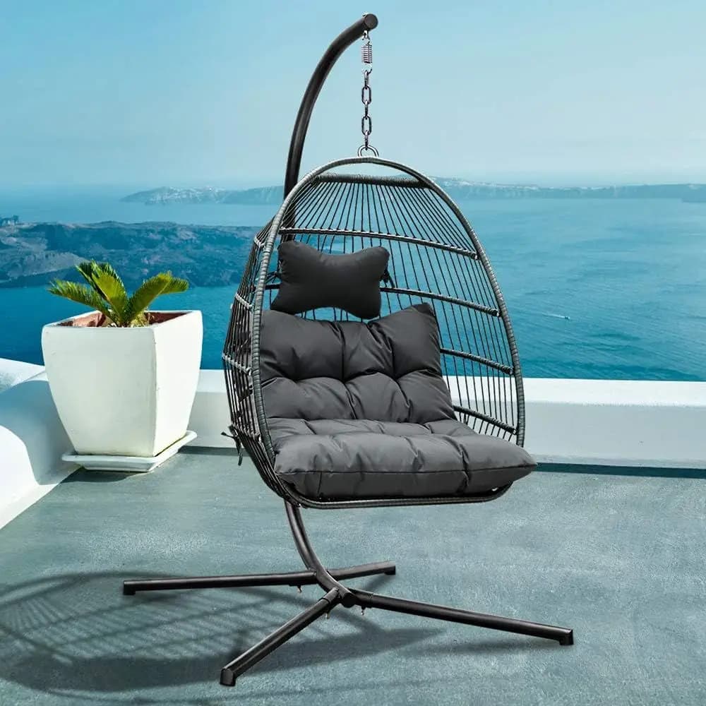 Sedia a dondolo pieghevole con supporto, sedia a uovo sospesa in vimini di rattan con cuscino e guanciale per interni ed esterni, camera da letto