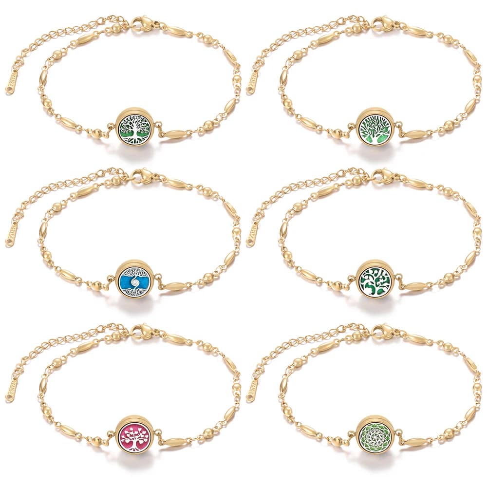 Bracciale dorato in acciaio inossidabile per aromaterapia da 12 mm con apertura a spirale, medaglione per profumo, albero della vita, diffusore di olio essenziale, regalo di gioielli