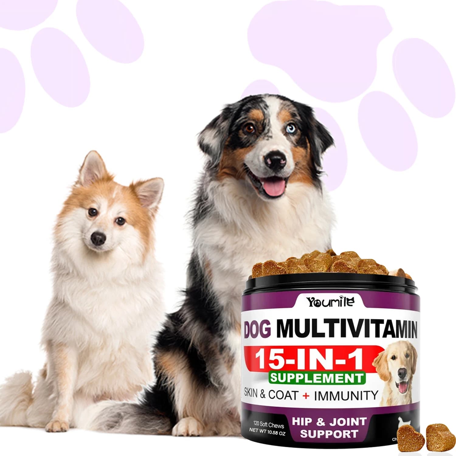 Dog Vitamin Supplement 15-in-1 Dog Multivitamin, Vitamins for Dogs Hip Joint, Skin & Gut Health, Immune System, Improve Mobility