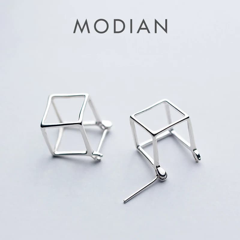 Modian New Design Geometric 3D Square Cube Stud Earrings for Women Authentic 925 Sterling Silver Stylish Minimalism Jewelry Gift