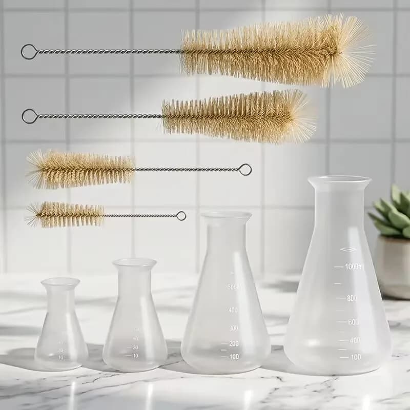 Spazzola per la pulizia di fiasche triangolari da laboratorio con misurino triangolare in plastica di grande capacità, adatto per la ricerca di laboratorio.