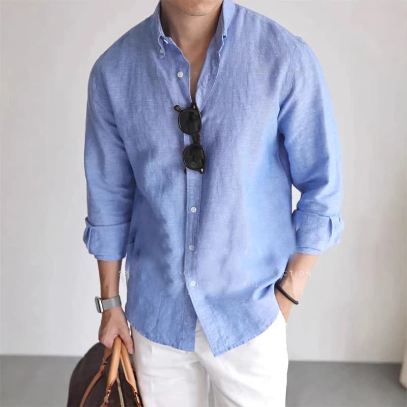 Mens American Cotton Linen Work Shirt Slim Fit Breathable Long Sleeve Business Casual Shirt Linen Sun Protection Shirt