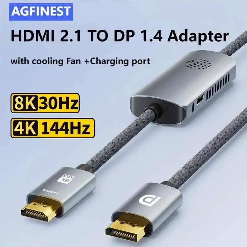 Cavo adattatore da HDMI a DP 8K con ventola di raffreddamento Alimentazione di ricarica 5V Convertitore da HDMI 2.1 a Displayport 8K30Hz per monitor PC PS5 HDTV
