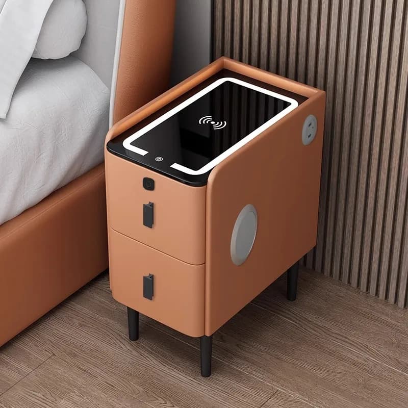 Comodino intelligente con ricarica wireless, blocco delle impronte digitali, comodino laterale stretto di lusso leggero in legno massello, moderno e semplice