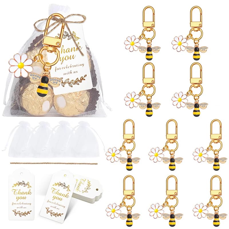 Set di 10 portachiavi a forma di fiore d'api, bomboniere per feste, con etichette in carta kraft, sacchetto in organza per gli ospiti, souvenir per baby shower, matrimonio