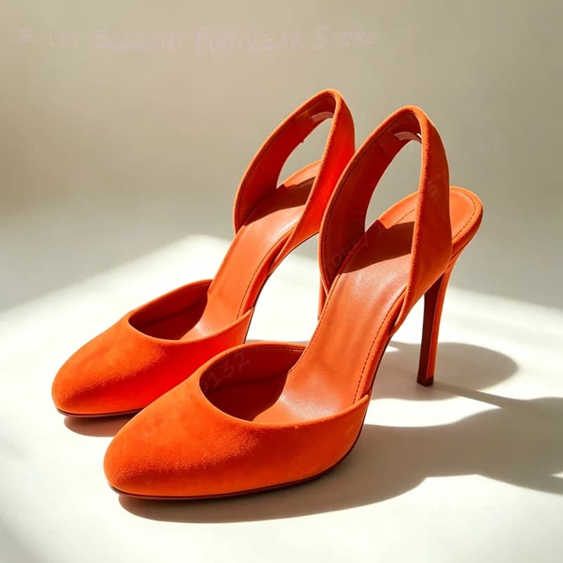 Bright Orange Suede Slingback Sandals Round Women Colorful Pumps Fuchsia Red Stiletto Heels Purple Elastic Pink Cute Shoes Girls