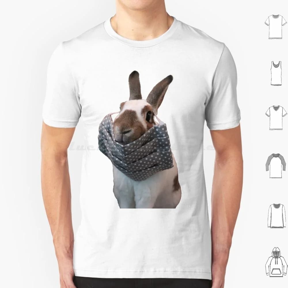 Coniglietto che indossa una maschera per il viso T-shirt in cotone da uomo e da donna Stampa fai-da-te Coniglietto carino coniglietto carino che indossa un panino carino