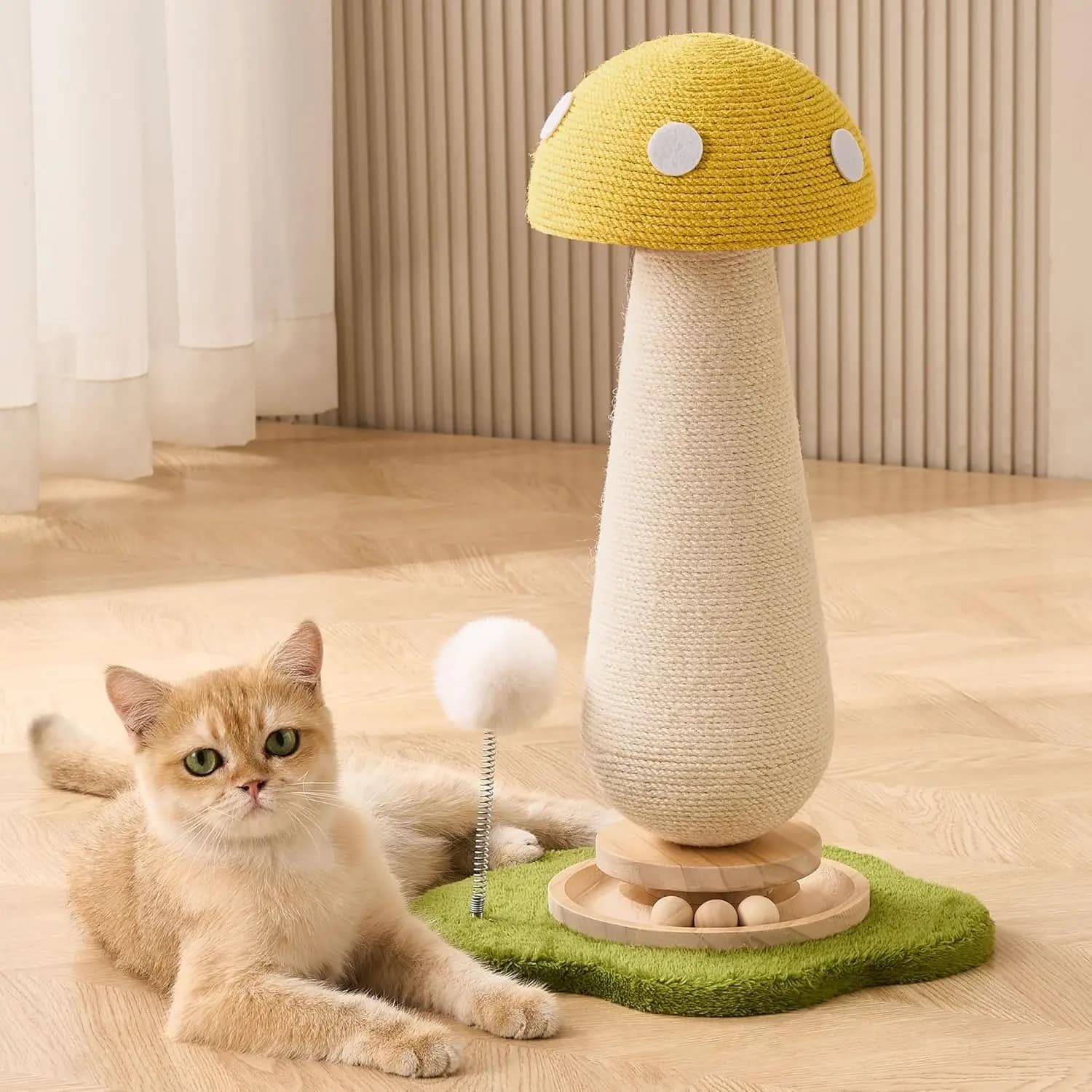 Tiragraffi per Gatti a Forma di Fungo, Albero per Gatti, 54,6 cm di Altezza, Simpatico Tiragraffi a Torre con Giocattolo Girevole in Legno Massello Resistente, Limone