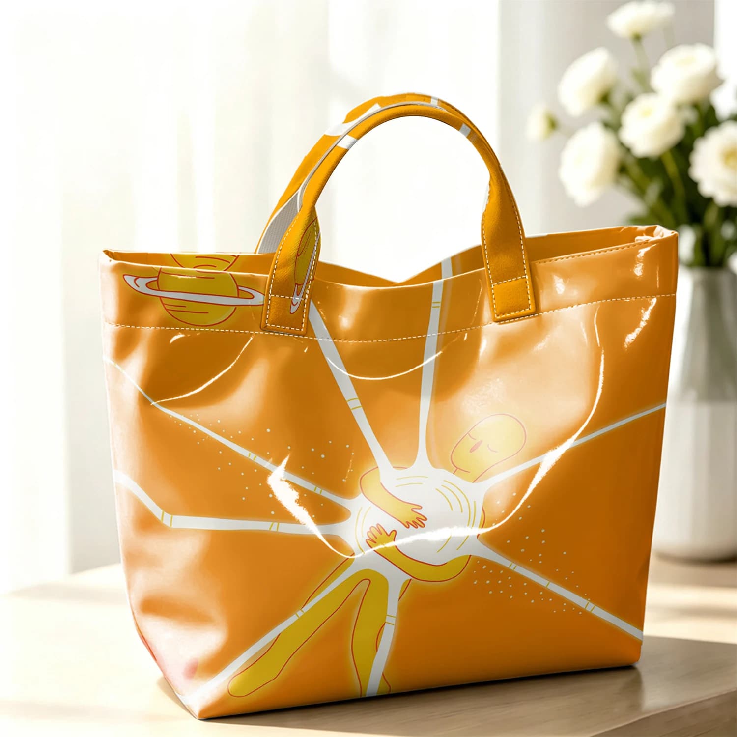 Orange Space Art Stylish Large Glossy PVC Tote Bag Washable Waterproof Durable Ideal for Travel Commute Cosmetics Books Handbags