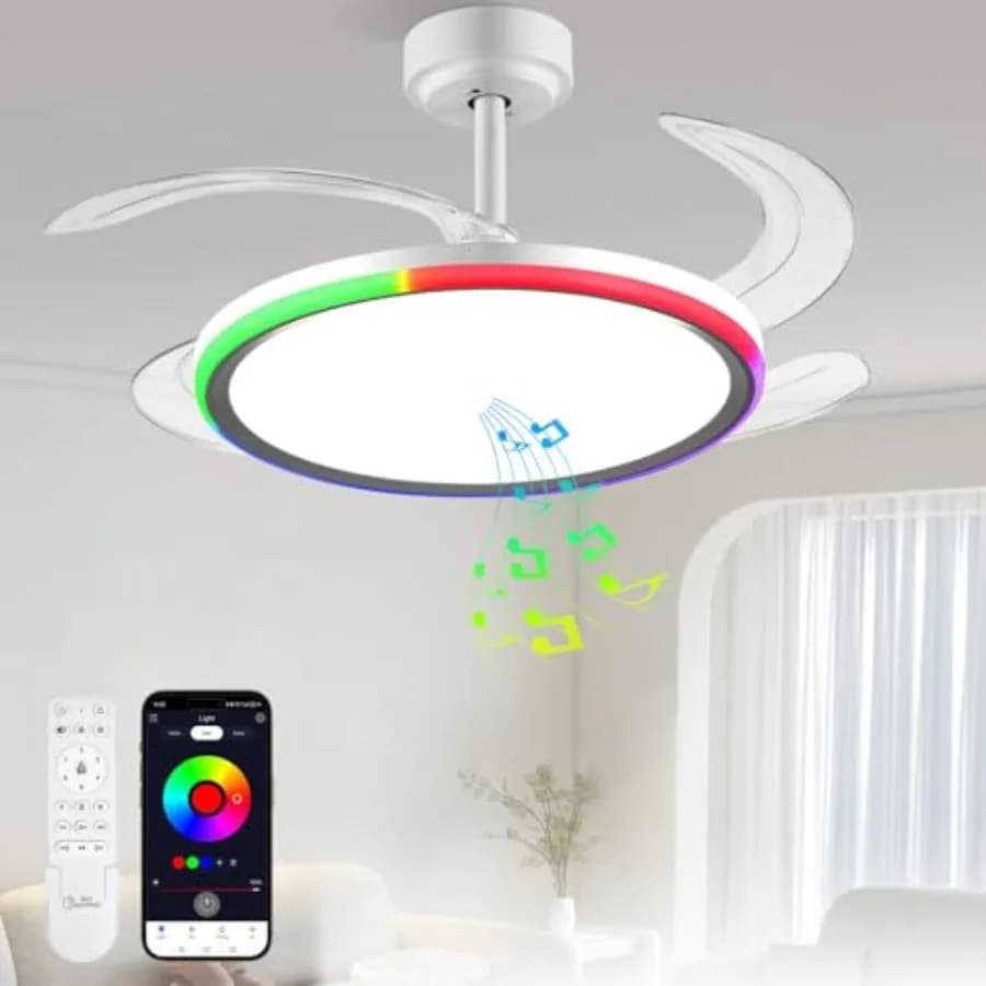 Ventilatore da soffitto retrattile RGB sottile con luce e telecomando APP Ventilatore da soffitto moderno e intelligente da 42 pollici con altoparlante Bluetooth Dimma
