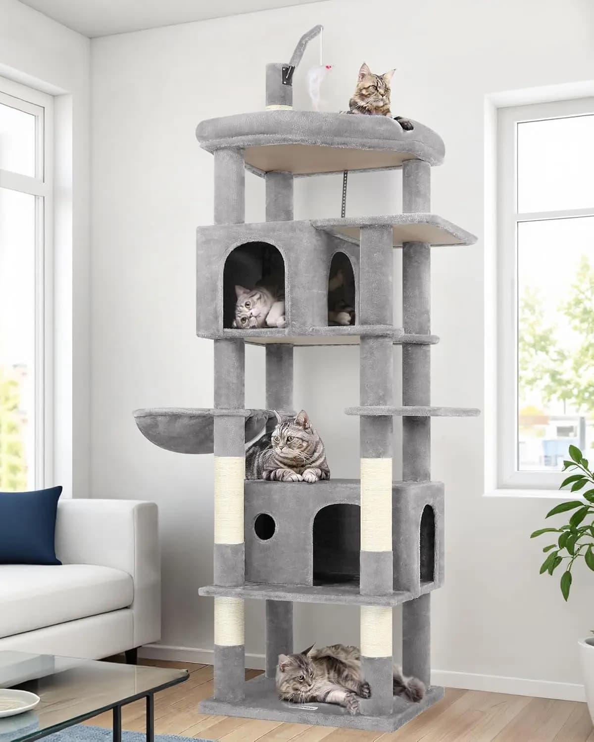 Grande Albero per Gatti da 74 Pollici con Tiragraffi, 2 Grotte, Piattaforma Superiore e Cesto Sospeso per Gatti da Interno