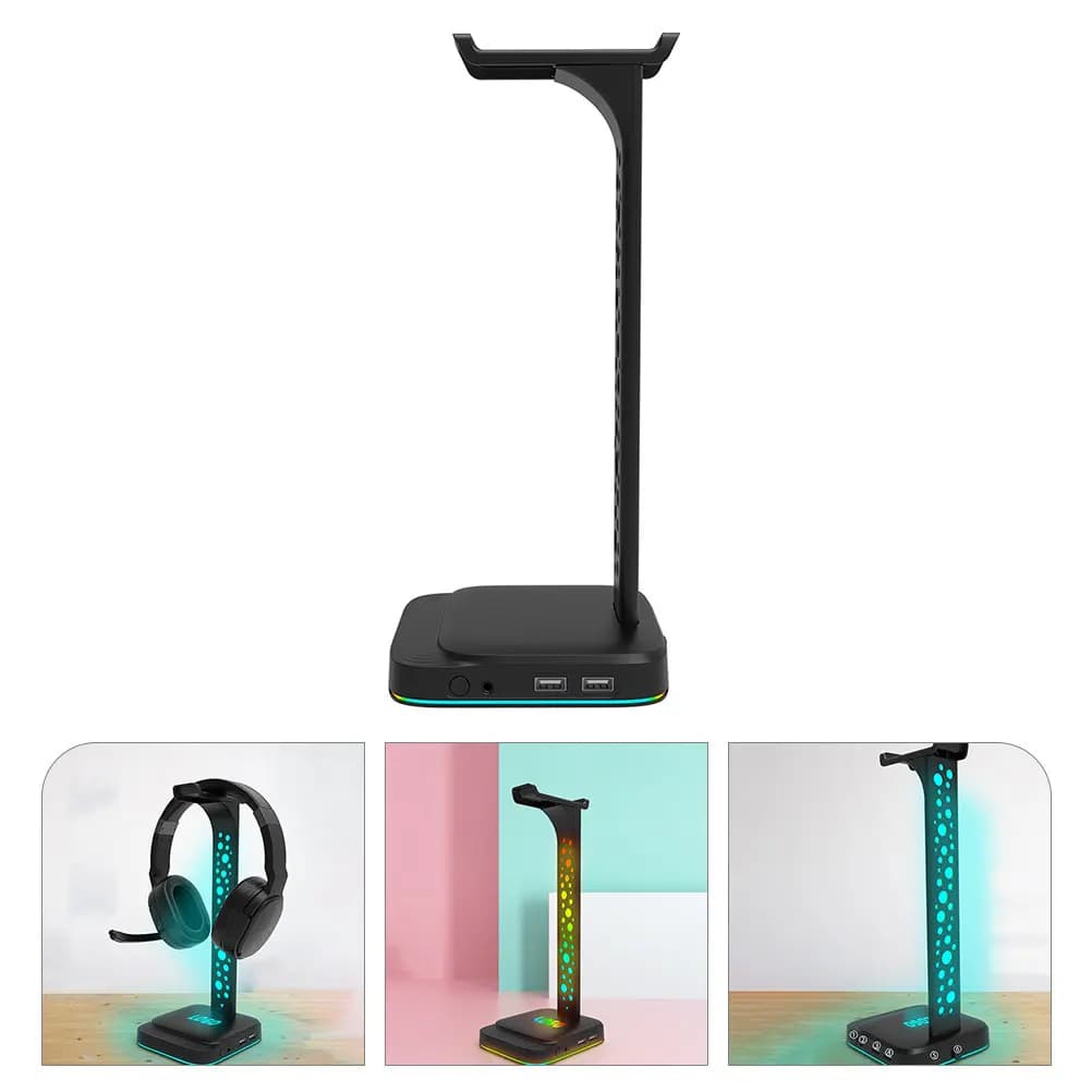 Supporto per Cuffie RGB da Scrivania con Caricatore USB 3.5mm, Accessori per Setup Gaming, Porta Cuffie