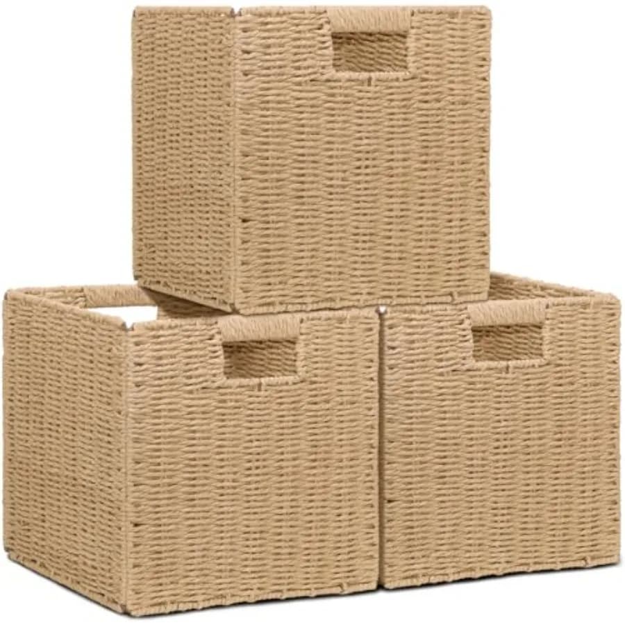 Cesti portaoggetti in vimini per l'organizzazione, set da 3 cesti rustici pieghevoli quadrati per scaffali, contenitori portaoggetti intrecciati a mano per la casa