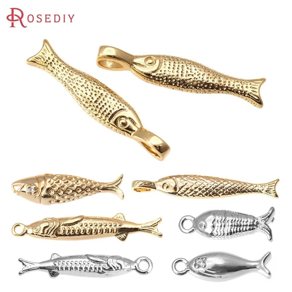 18K Gold Color Brass and Zircon Fish Charms Pendants High Quality Necklace Earrings Charms Jewelry Making Diy Accessories