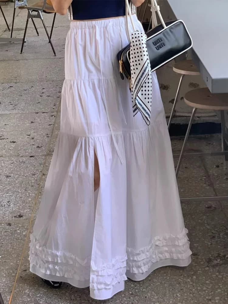 Liangliang Home Personality Splicing Wood Grain Slit A-Line Skirt Women's Summer New All-Match Individual Long Skirt