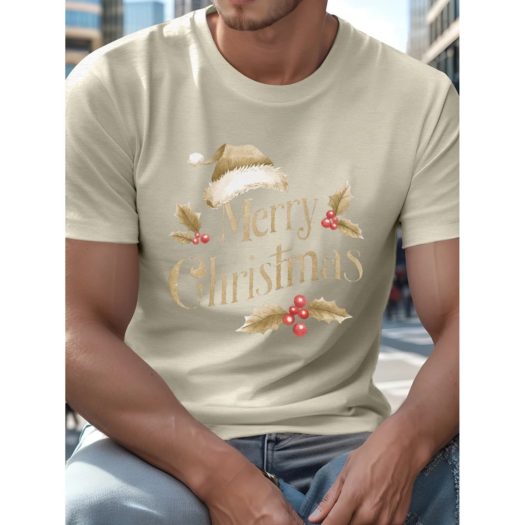 Merry Christmas Santa Hat Graphic Print Cotton Short Sleeve T-Shirt Casual Summer Tee for Men