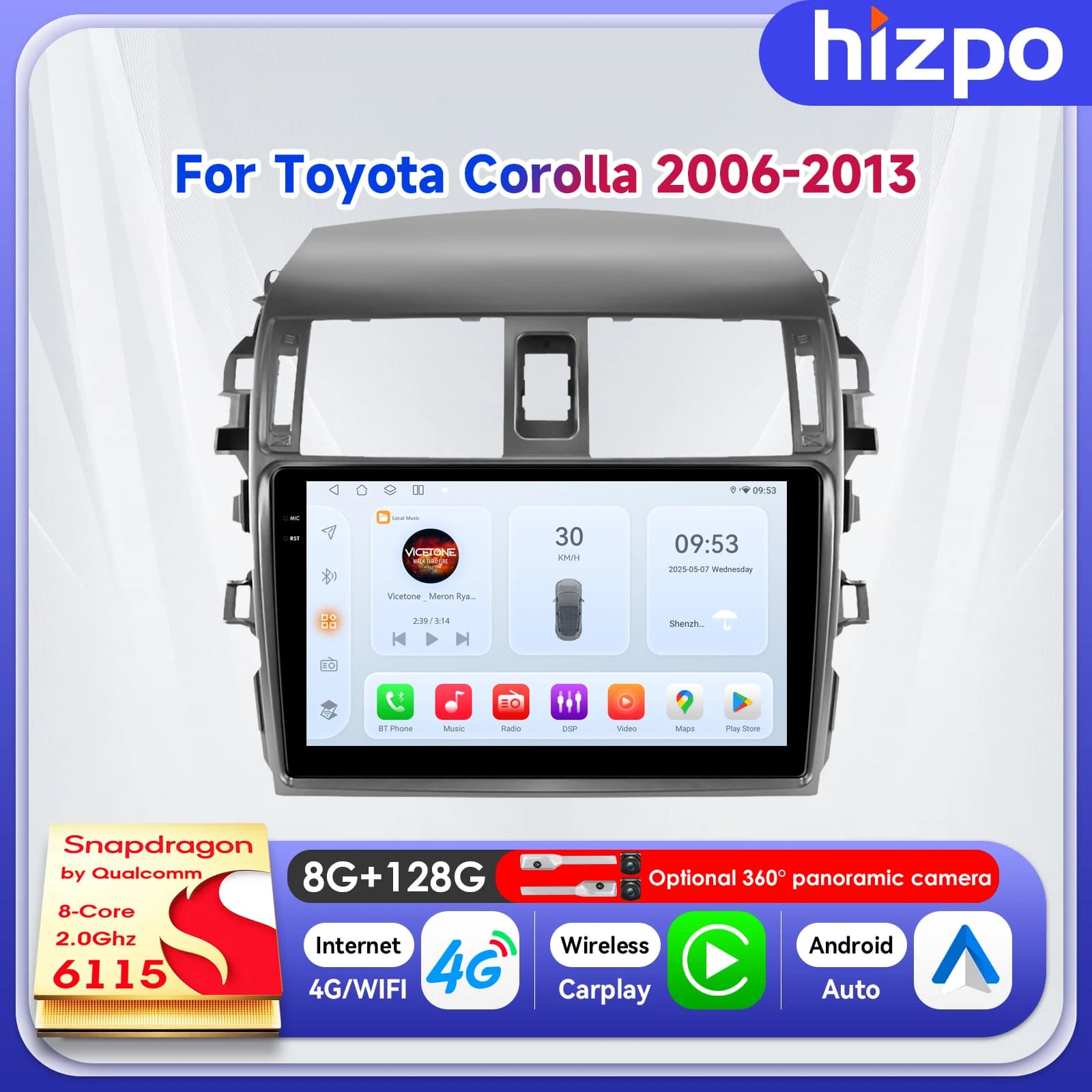 Hizpo 9" 2Din Android Multimedia Intelligent Navigation per Toyota Corolla E140 E150 2006 - 2013 Wireless Carplay Radio Wifi RDS