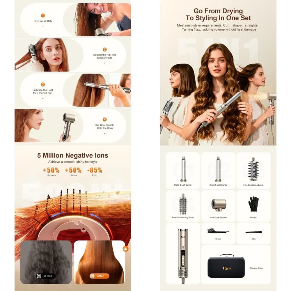 Strumento per lo styling dei capelli 5 in 1: Potente arricciacapelli multifunzione con avvolgimento automatico, asciugatura rapida, arricciatura, stiratura e volumizzazione senza calore