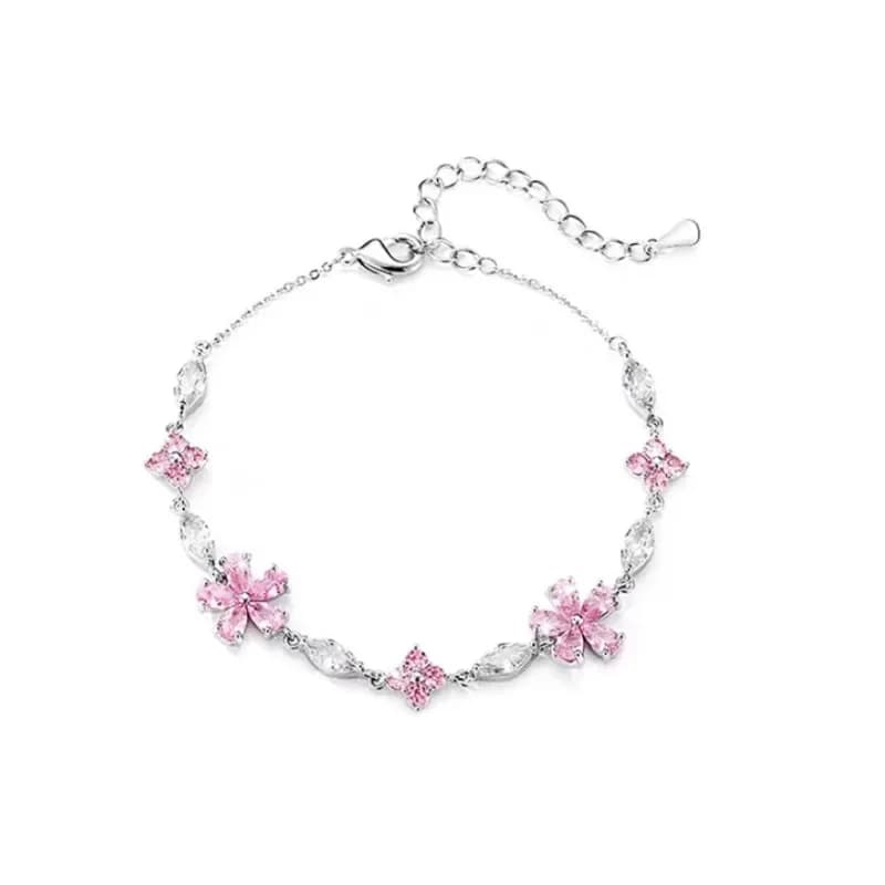 Elegant Fairy Pink Crystal Zircon Sakura Flowers Bracelet for Women Y2K Sweet Girls Cherry Blossom Adjustable Jewelry Accessory